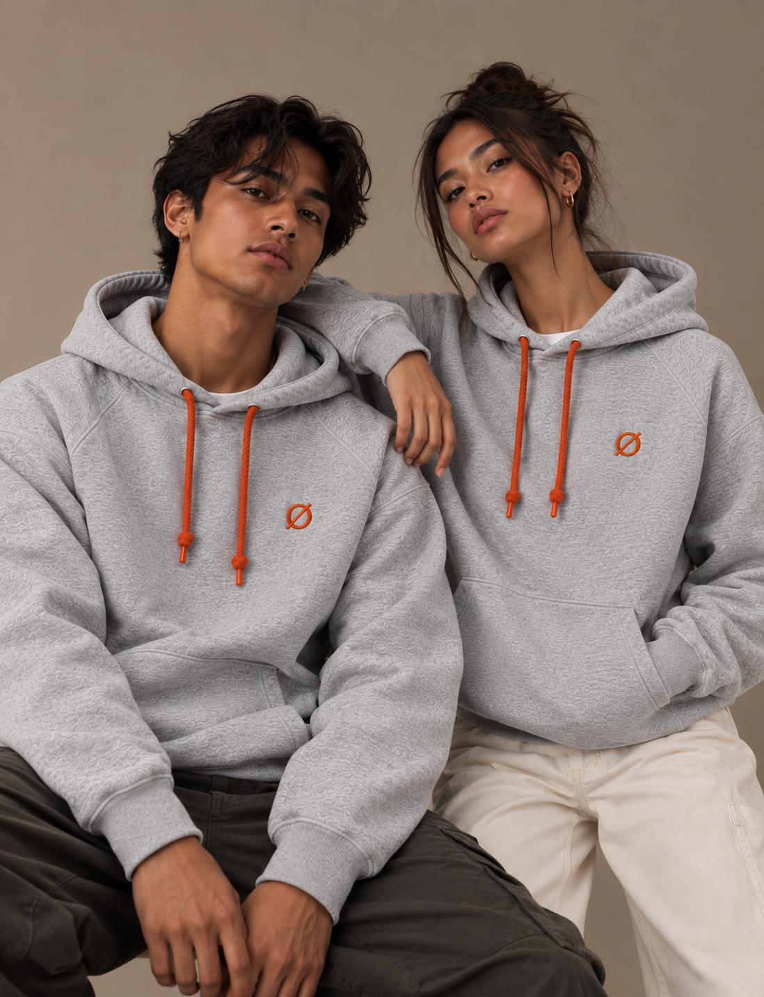 NØMADZ grey oversized hoodie with orange 3D embroidery worn by male and female models