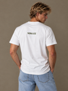 NØMADZ white men's T-shirt with olive green logo on the back worn by a model