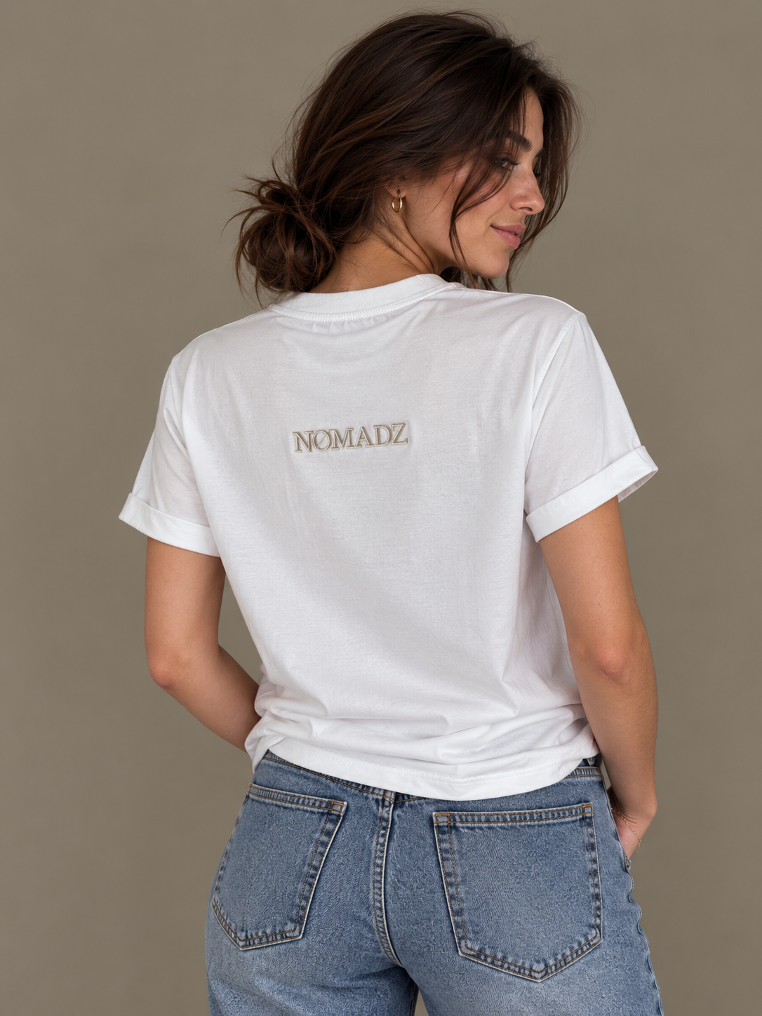 NØMADZ white women's one-size T-shirt with beige logo on the back