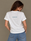 NØMADZ white women's one-size T-shirt with light blue logo on the back