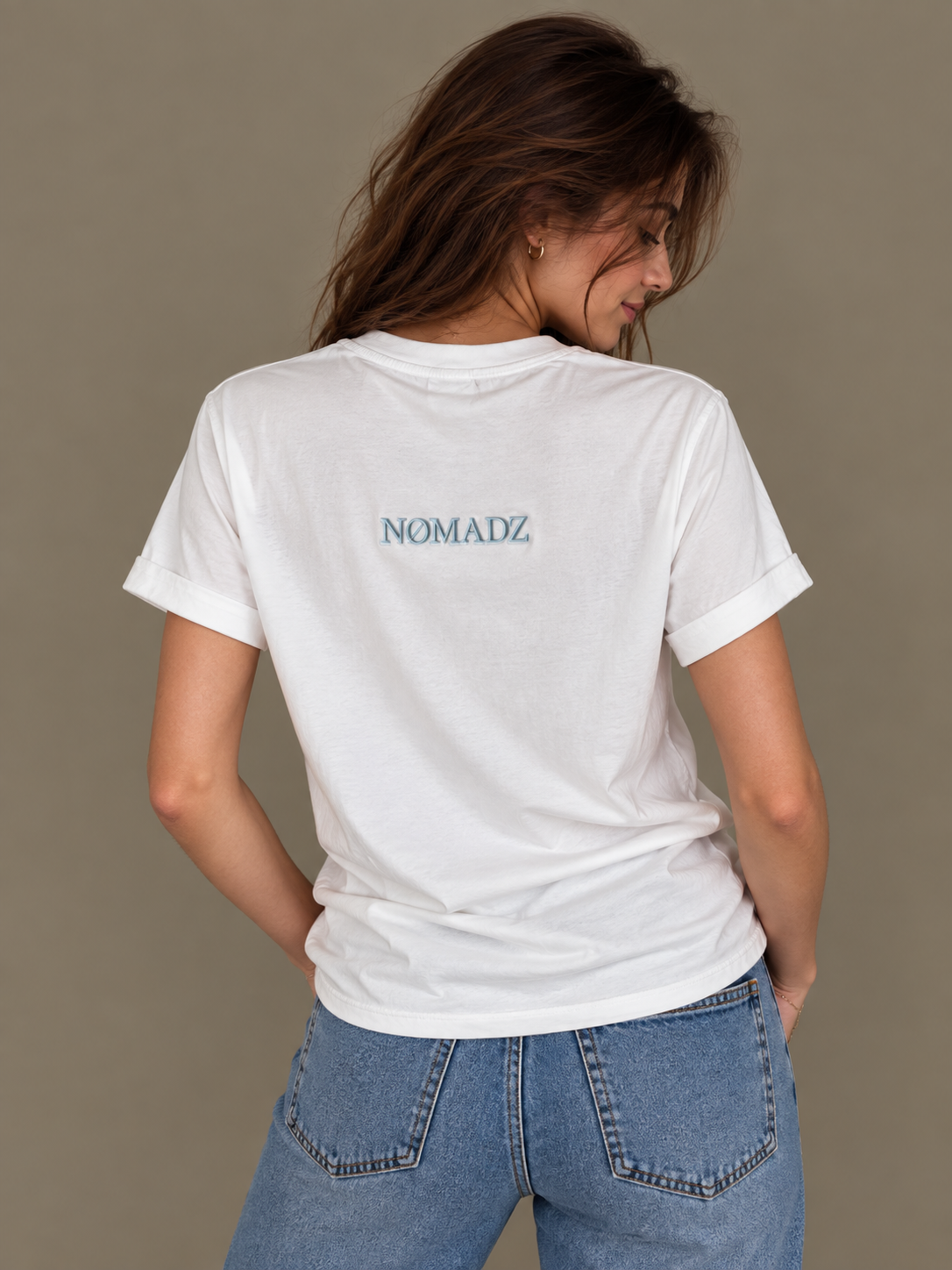 NØMADZ white women's one-size T-shirt with light blue logo on the back