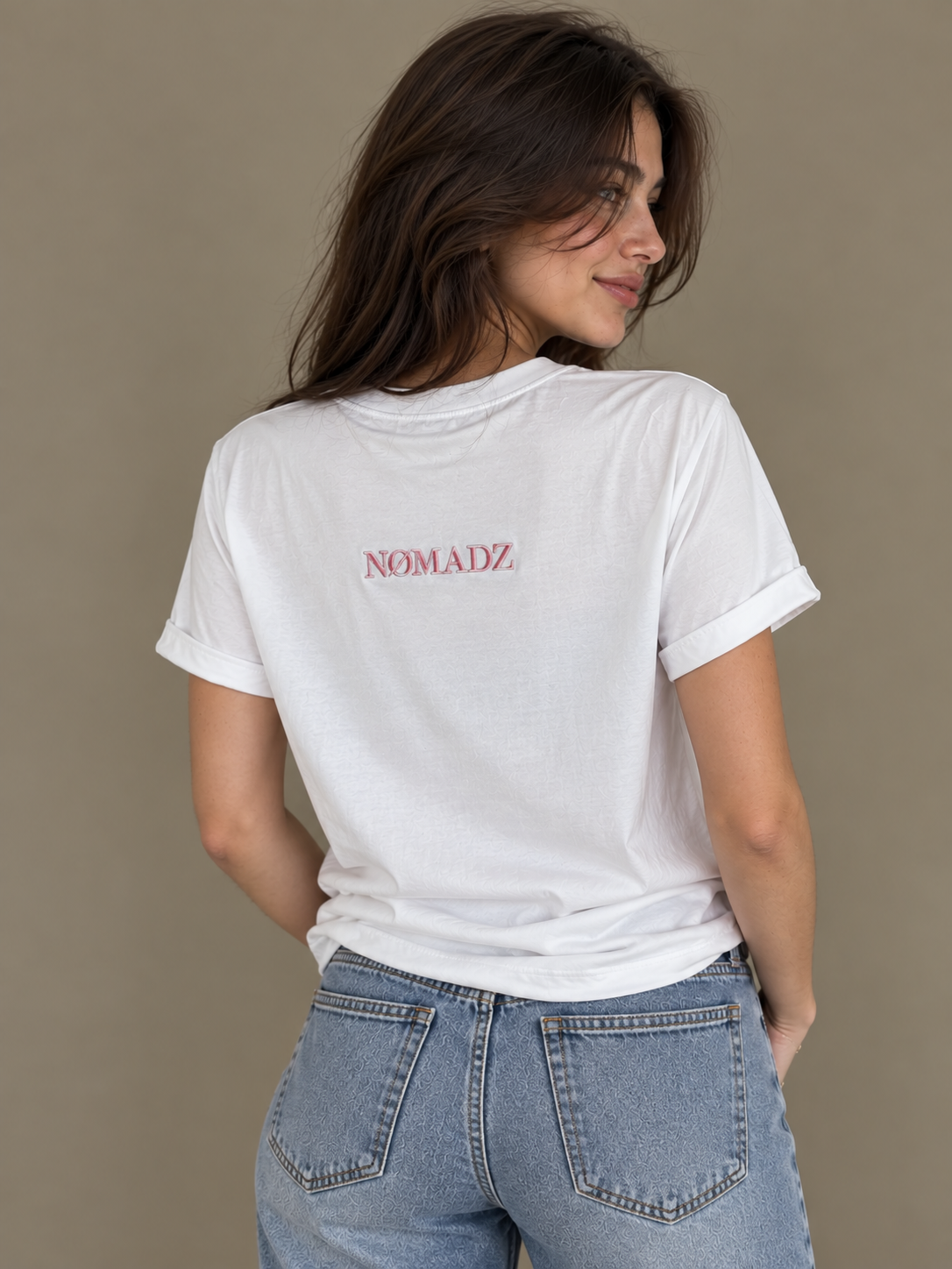 NØMADZ white women's one-size T-shirt with pink logo on the back